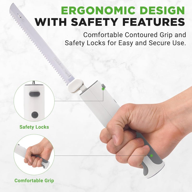 NutriChef Cordless Electric Knife | Easy to Use Constant ON/OFF Safety Function Button | Carve Turkey, Meats, Poultry, Bread, Cheese & More | Lightweight with Contoured Grip Handle | White & Grey - Image 4